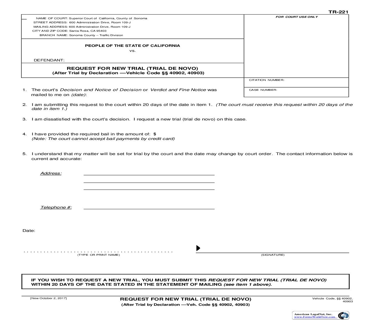 Traffic Trial De Novo {TR-221} | Pdf Fpdf Docx | California
