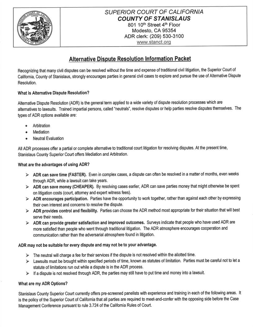 ADR (Alternative Dispute Resolution) Information Packet And Forms | Pdf Fpdf Docx | California