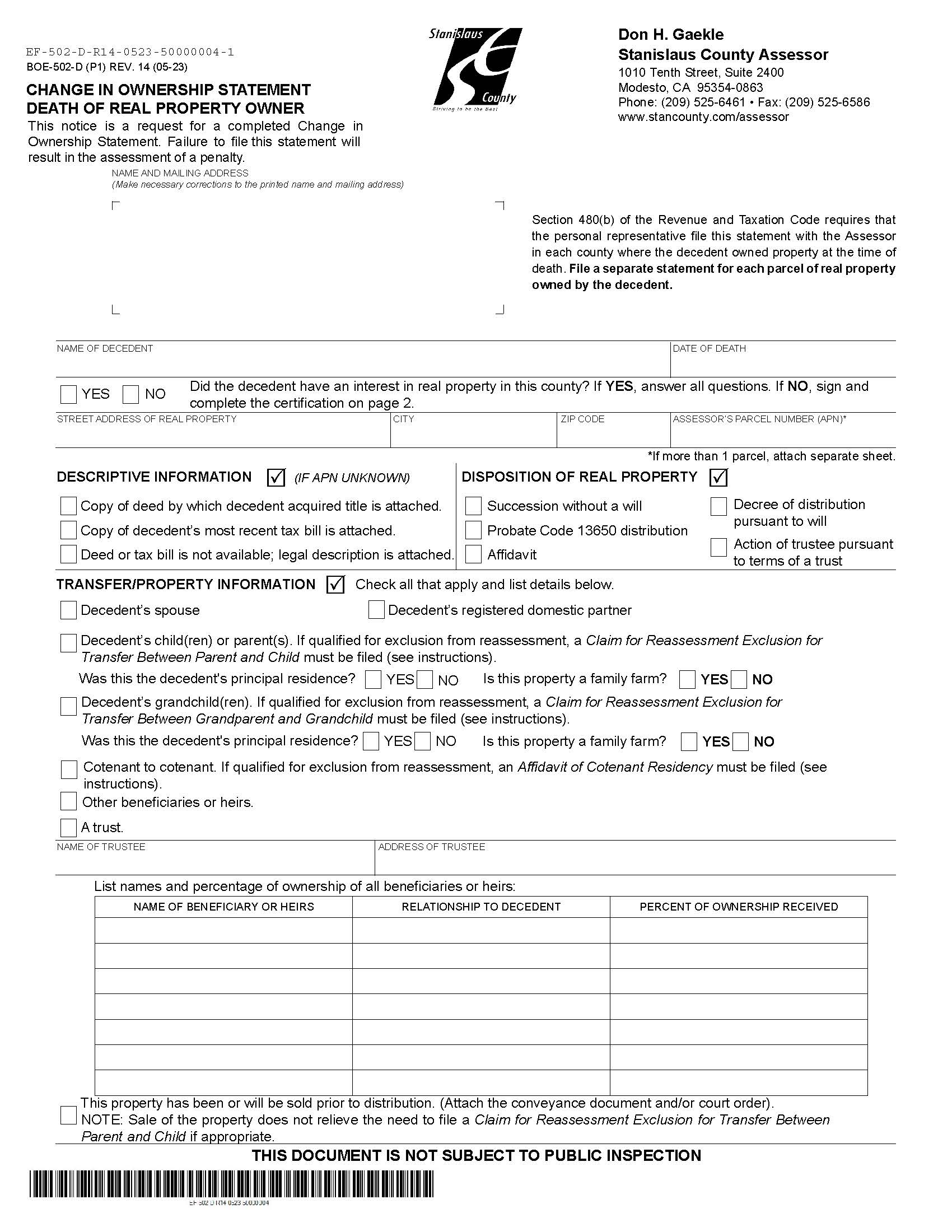 Change In Ownership Statement Death Of Real Property Owner (Stanislaus) {BOE-502-D} | Pdf Fpdf Docx | California