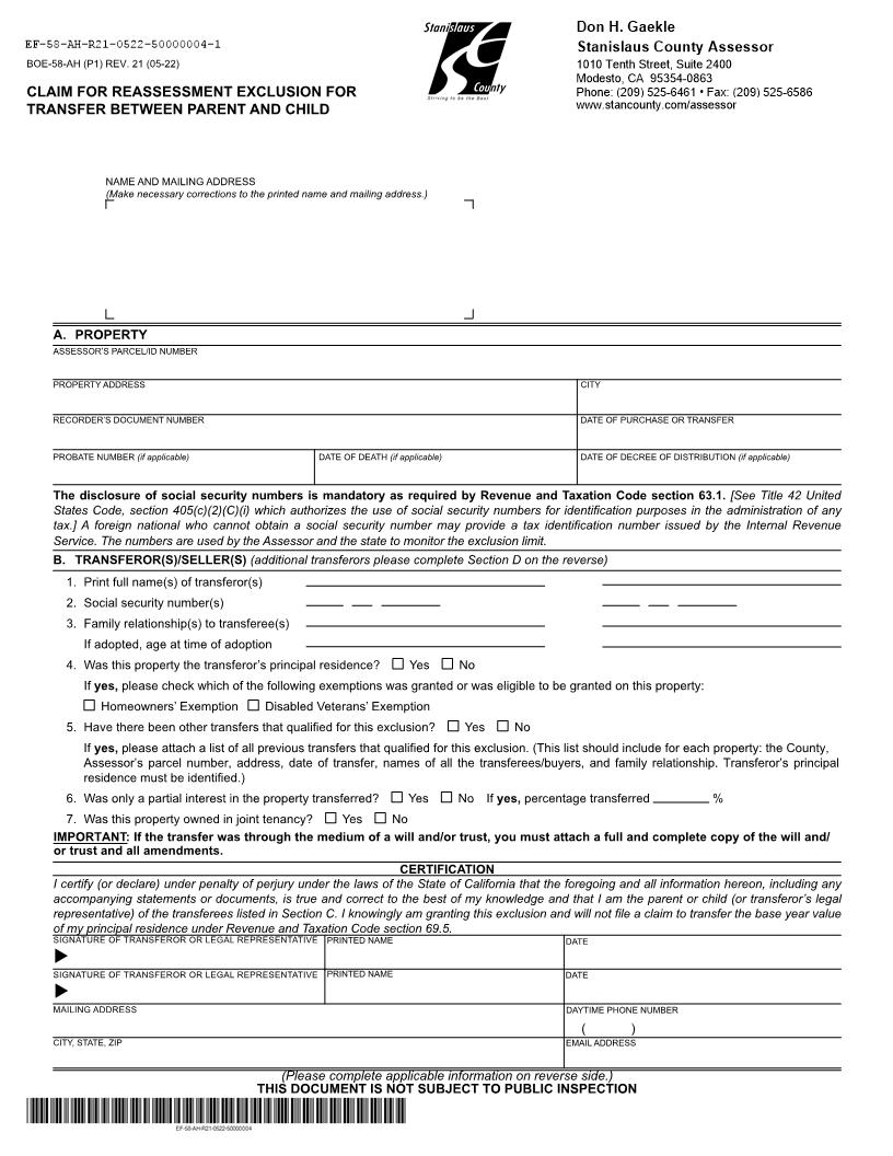 Claim For Reassessment Exclusion For Transfer Between Parent And Child (Before 02-16-21) (Stanislaus) {BOE-58-AH} | Pdf Fpdf Docx | California