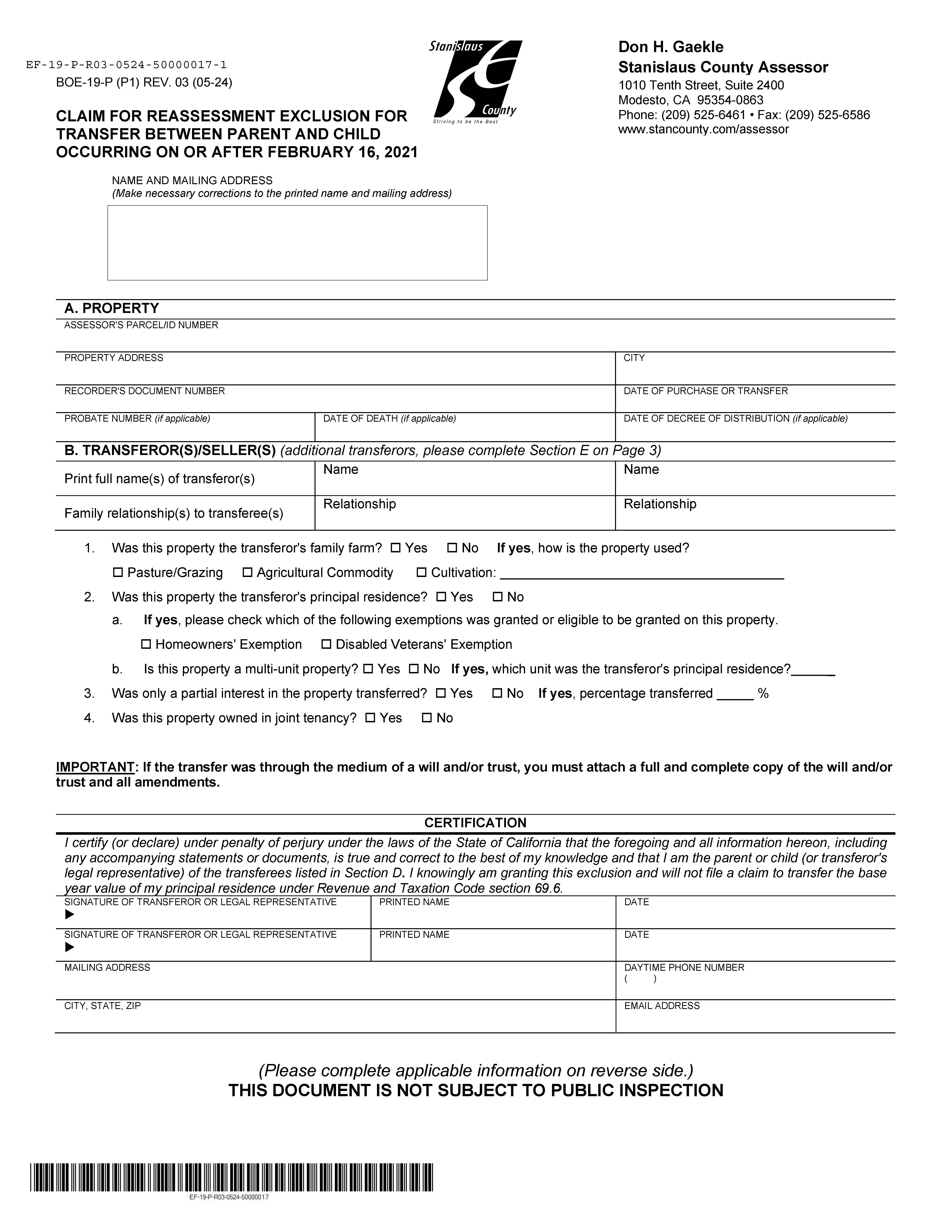 Claim For Reassessment Exclusion For Transfer Between Parent And Child (Stanislaus) {BOE-19-P} | Pdf Fpdf Docx | California