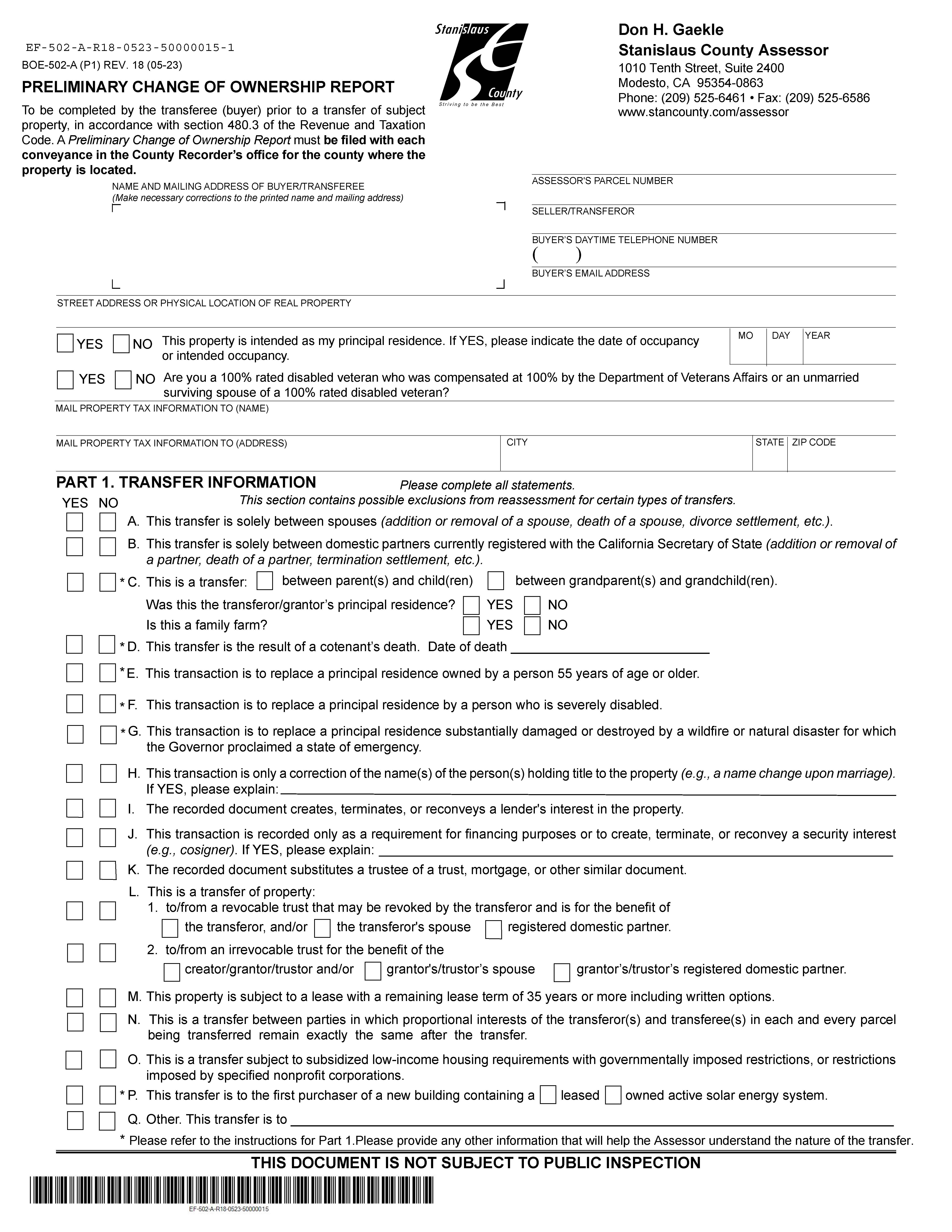 Preliminary Change Of Ownership Report (Stanislaus) {BOE-502-A} | Pdf Fpdf Docx | California