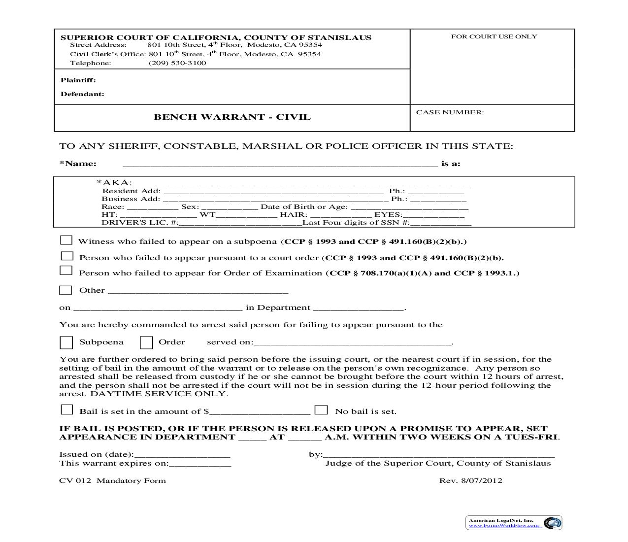 Bench Warrant-Civil {CV012} | Pdf Fpdf Doc Docx | California