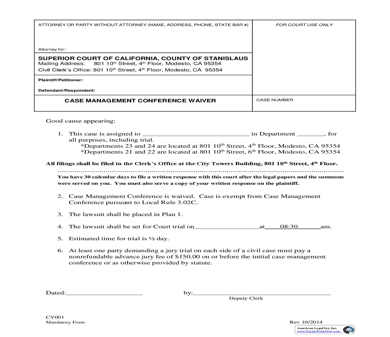 Case Management Conference Waiver {CV001} | Pdf Fpdf Doc Docx | California