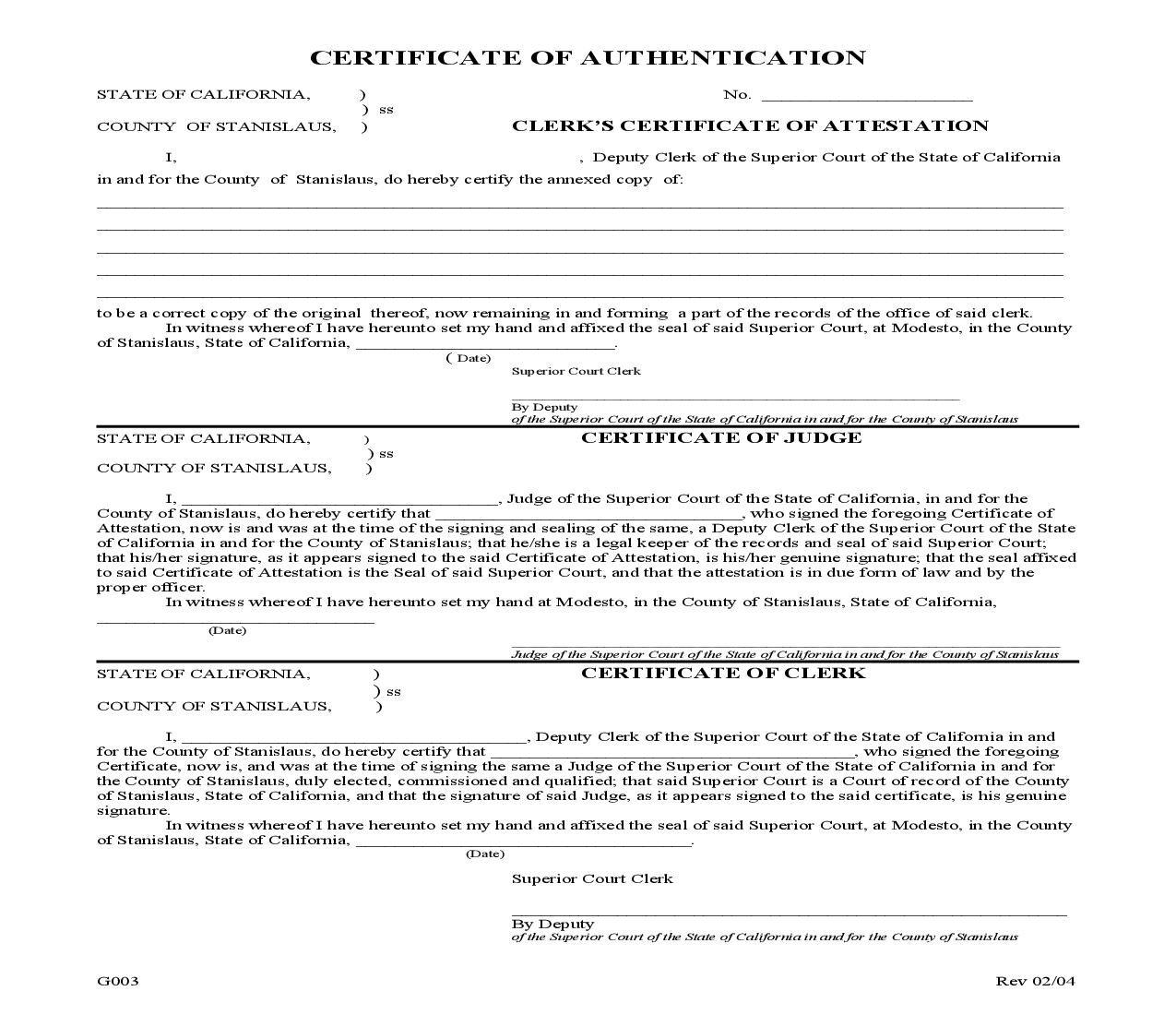 Certificate Of Authentication {G003} | Pdf Fpdf Doc Docx | California
