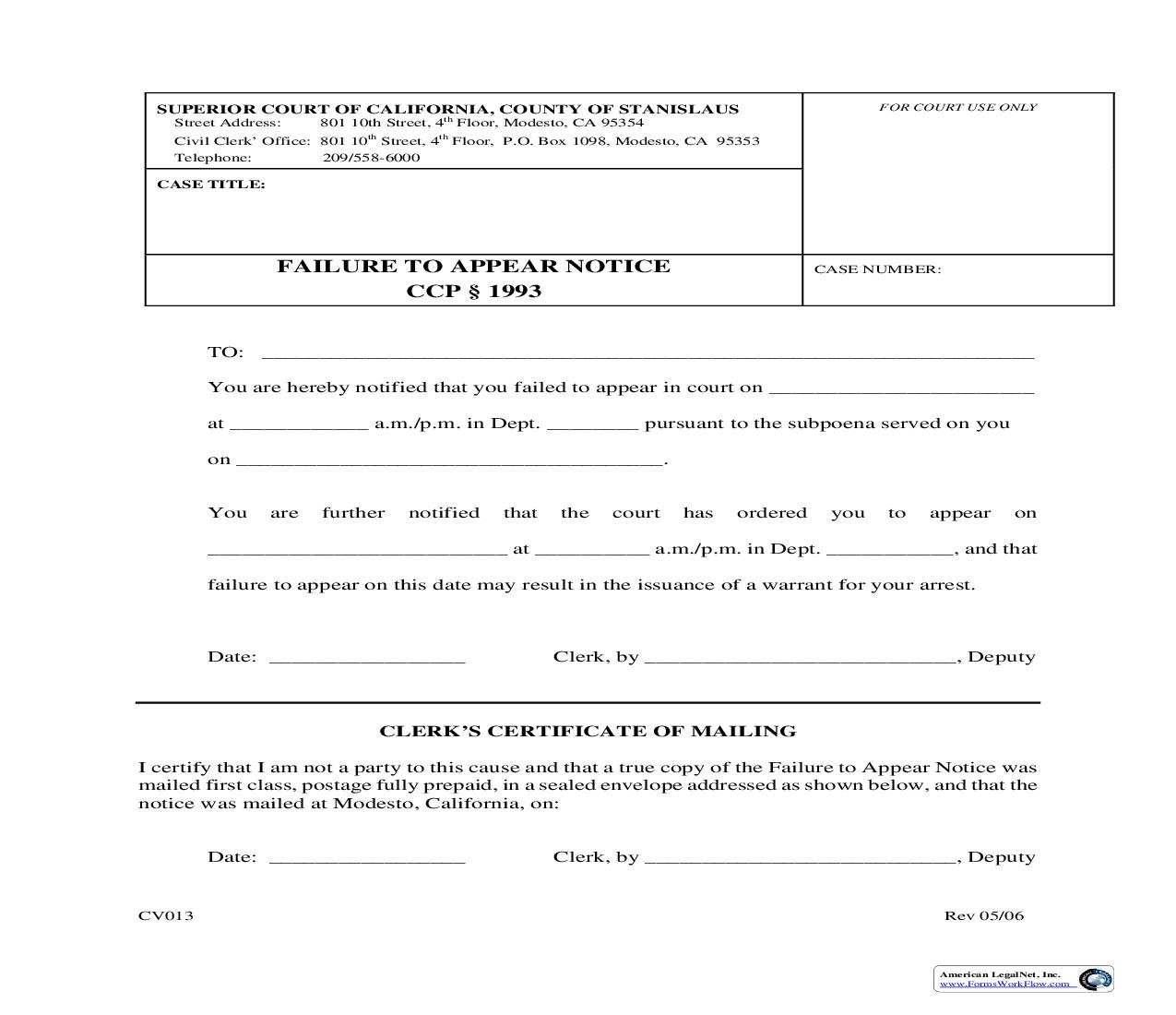 Failure To Appear Notice {CV013} | Pdf Fpdf Doc Docx | California