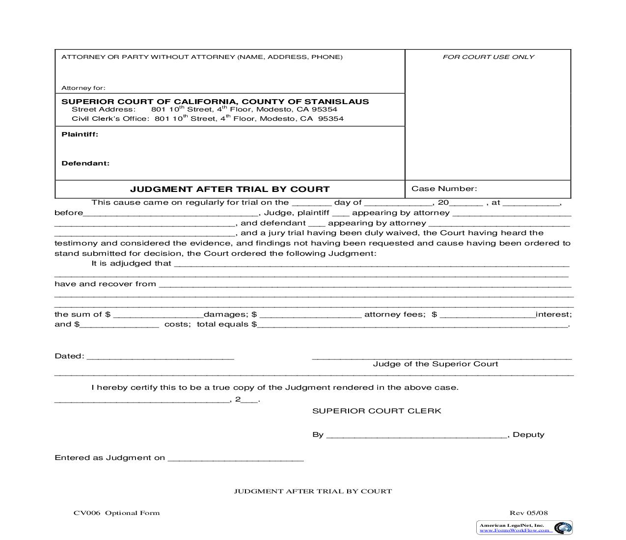 Judgment After Trial By Court {CV006} | Pdf Fpdf Doc Docx | California