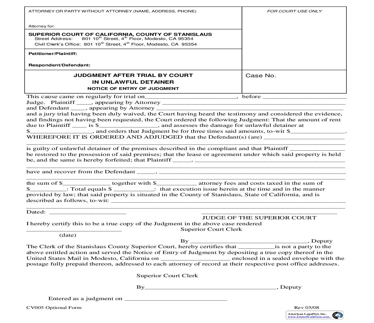 Judgment After Trial By Court In Unlawful Detainer Notice Of Entry Of Judgment {CV005} | Pdf Fpdf Doc Docx | California