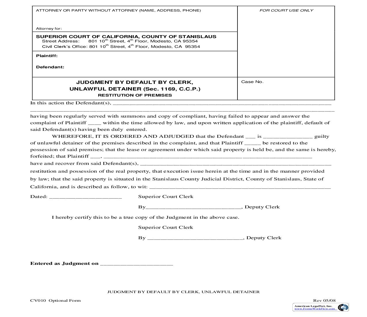 Judgment By Default By Clerk Unlawful Detainer Restitution Of Premises {CV010} | Pdf Fpdf Doc Docx | California