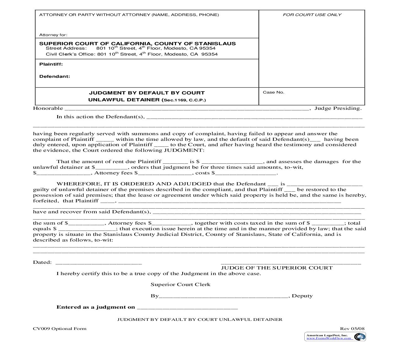 Judgment By Default By Court Unlawful Detainer {CV009} | Pdf Fpdf Doc Docx | California