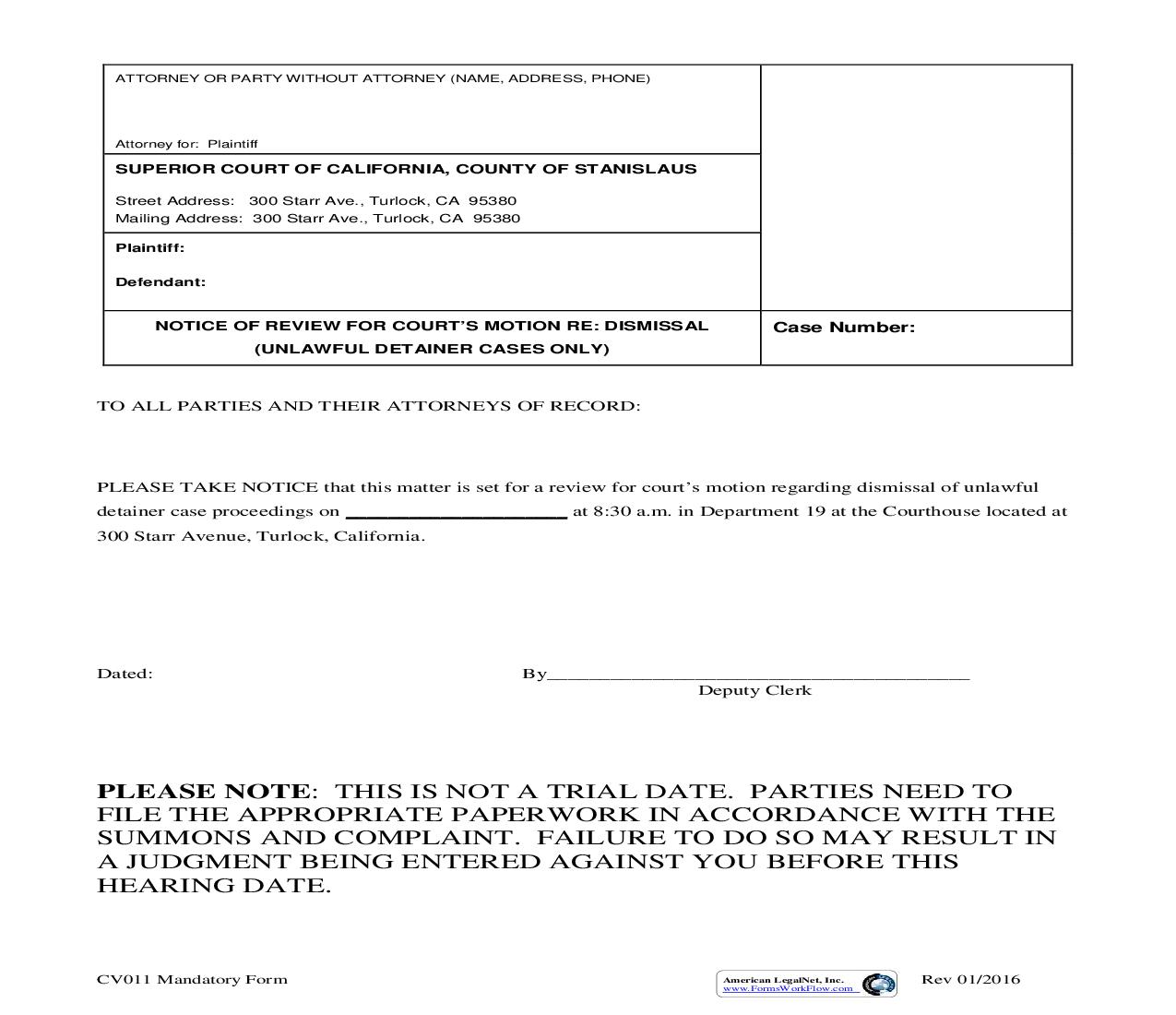 Notice Of Review For Courts Motion Re Dismissal (Unlawful Detainer Cases Only) {CV011} | Pdf Fpdf Doc Docx | California