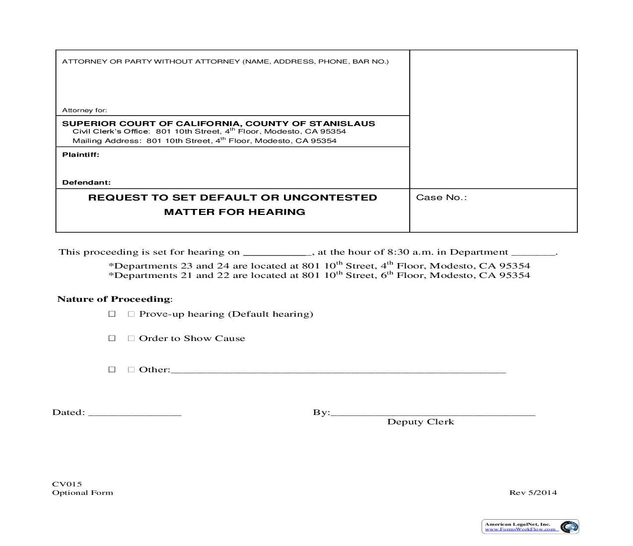 Request For Default Hearing {CV015} | Pdf Fpdf Doc Docx | California