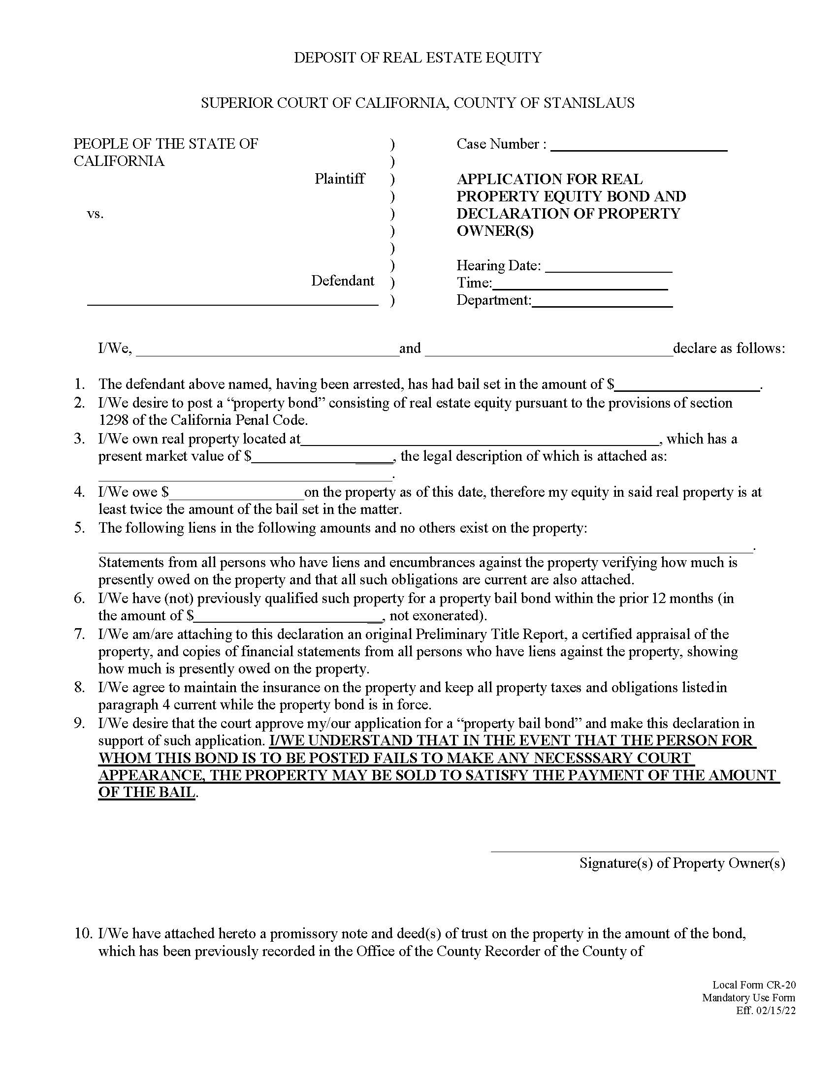 Application for Real Property Bond {CR-20} | Pdf Fpdf Docx | California