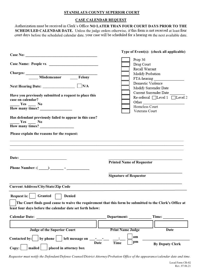 Case Calendar Request Form {CR-02} | Pdf Fpdf Docx | California