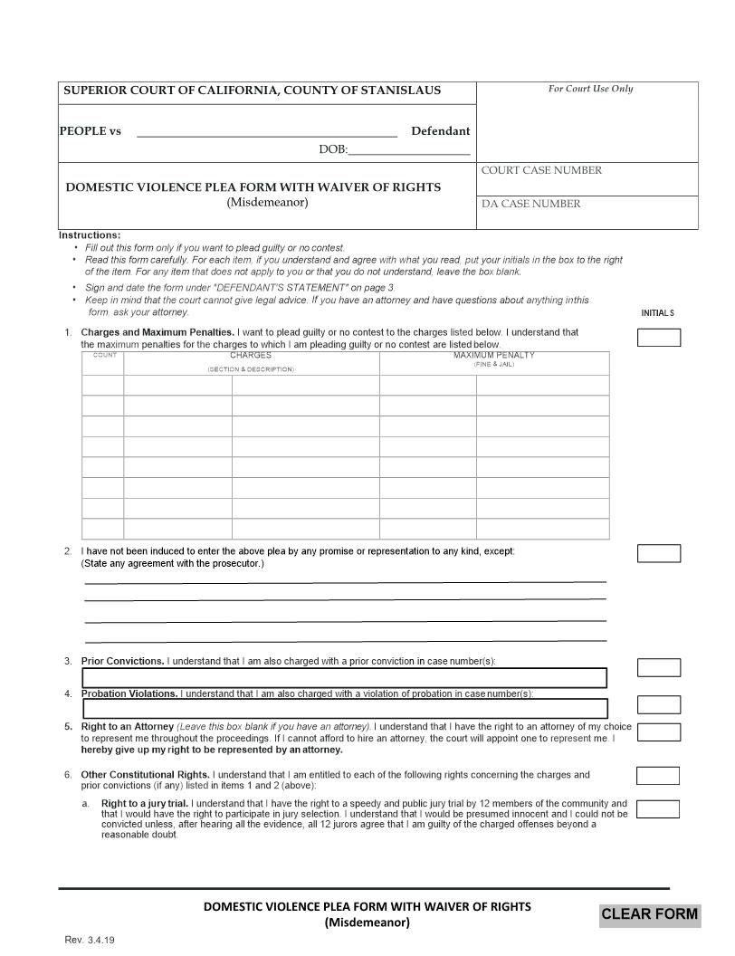 Domestic Violence Plea Form And Waiver of Rights | Pdf Fpdf Docx | California