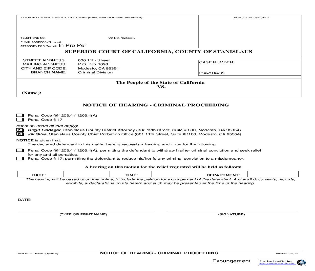 Notice Of Hearing-Criminal Proceeding {CR-001} | Pdf Fpdf Doc Docx | California