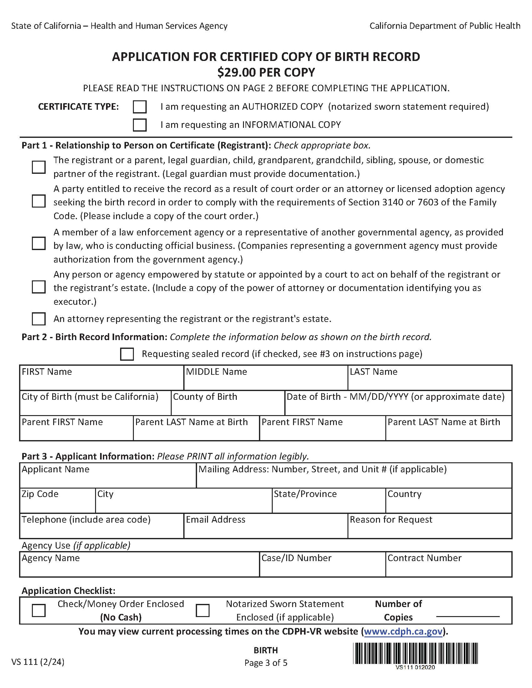 Application For Certified Copy Of Birth Record VS111 (Packet HS102705) {VS111} | Pdf Fpdf Docx | California