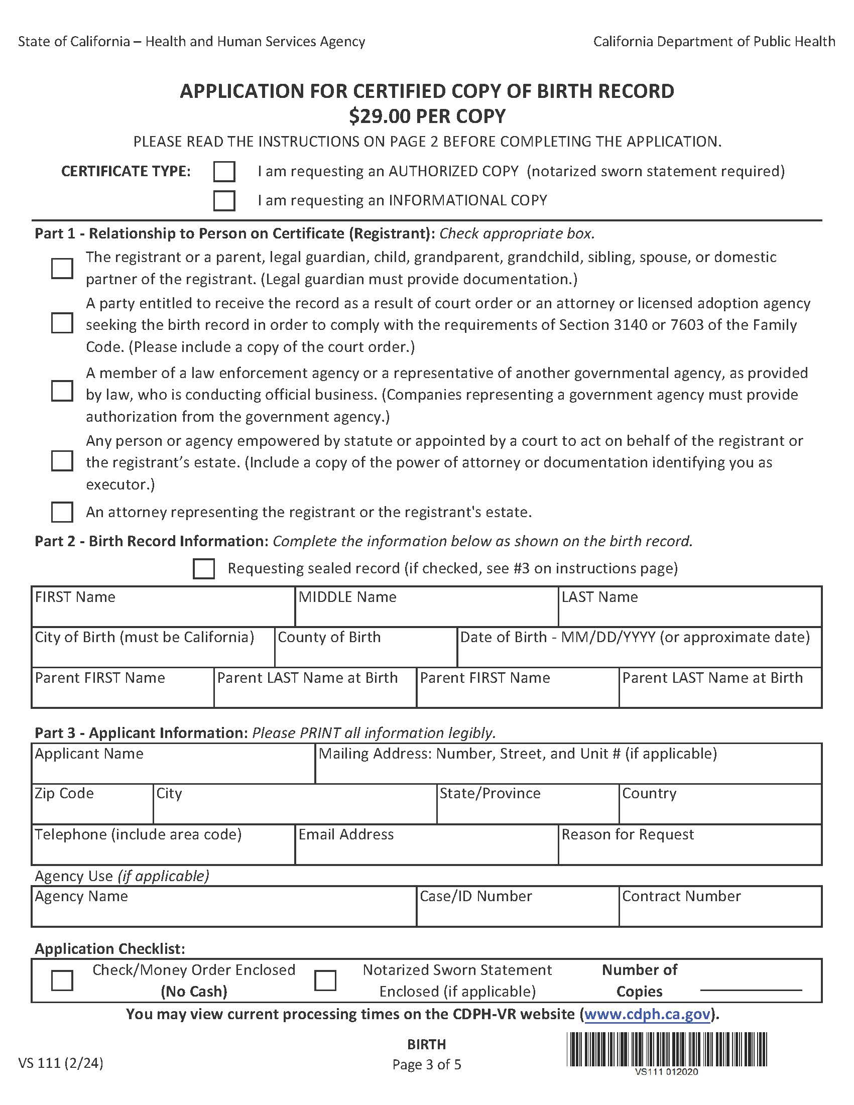 Application For Certified Copy Of Birth Record VS111 (Packet HS102705) {VS111} | Pdf Fpdf Docx | California