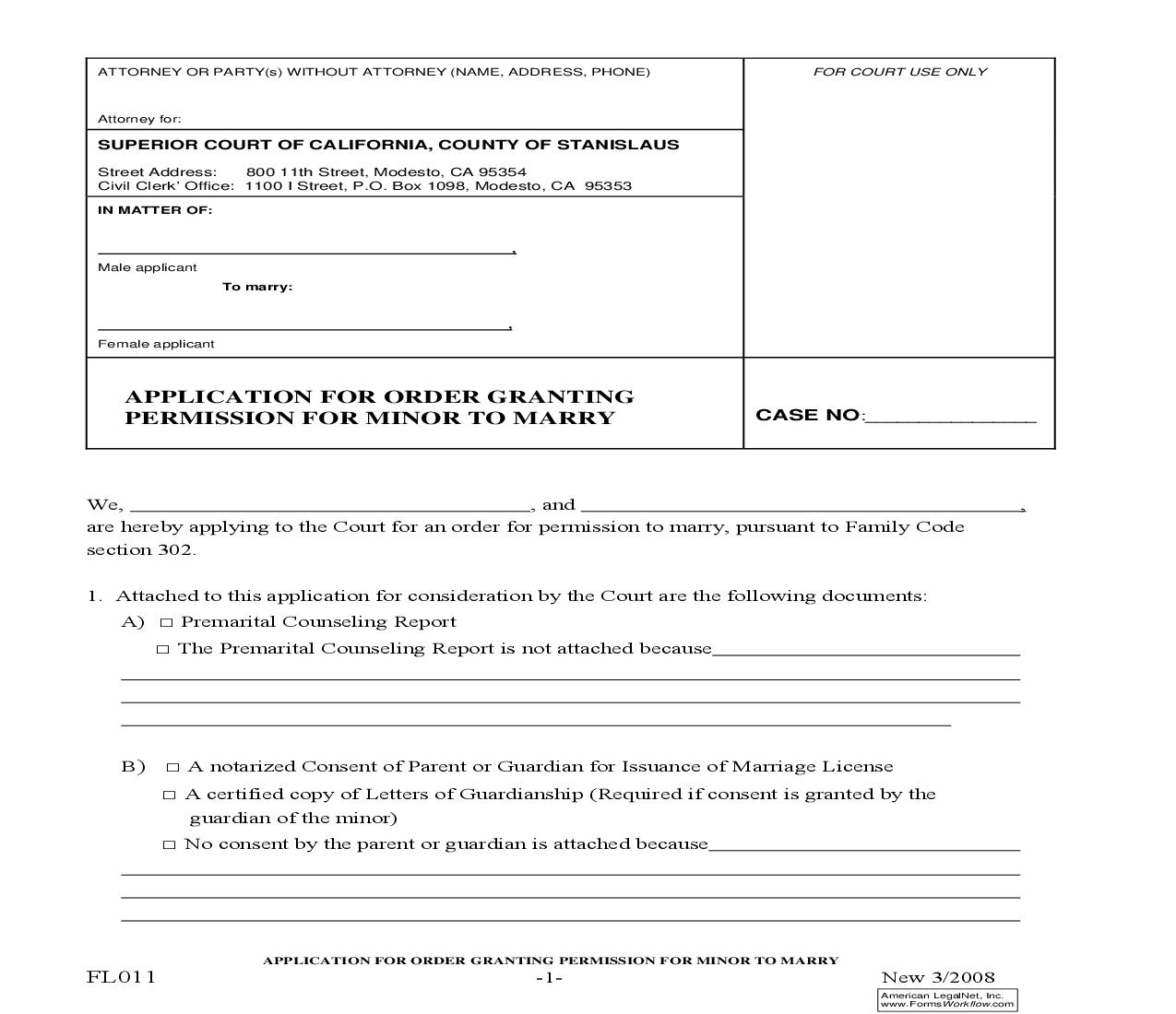 Application For Order Granting Minor Permission To Marry {FL011} | Pdf Fpdf Doc Docx | California