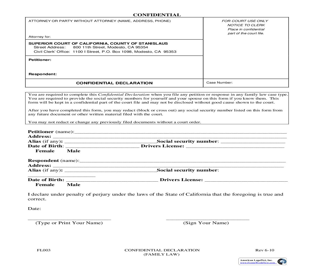 Confidential Declaration {FL003} | Pdf Fpdf Doc Docx | California