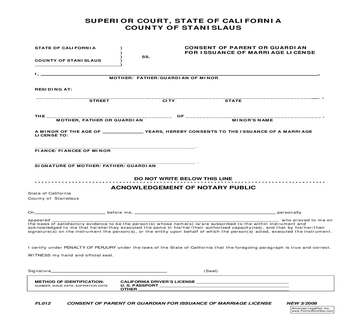 Consent Of Parent Or Guardian For Issuance Of Marriage License {FL012} | Pdf Fpdf Doc Docx | California