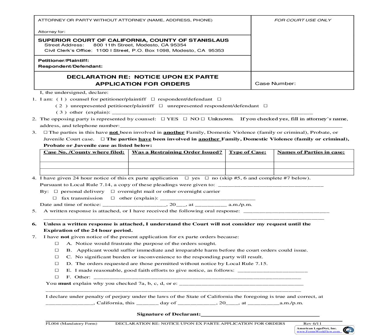 Declaration Re Notice Upon Ex Parte Application For Orders {FL004} | Pdf Fpdf Doc Docx | California