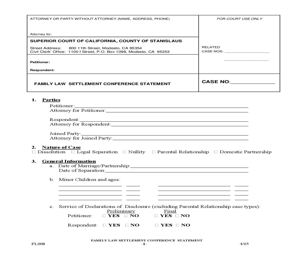Famly Law Settlement Conference Statement {FL008} | Pdf Fpdf Doc Docx | California