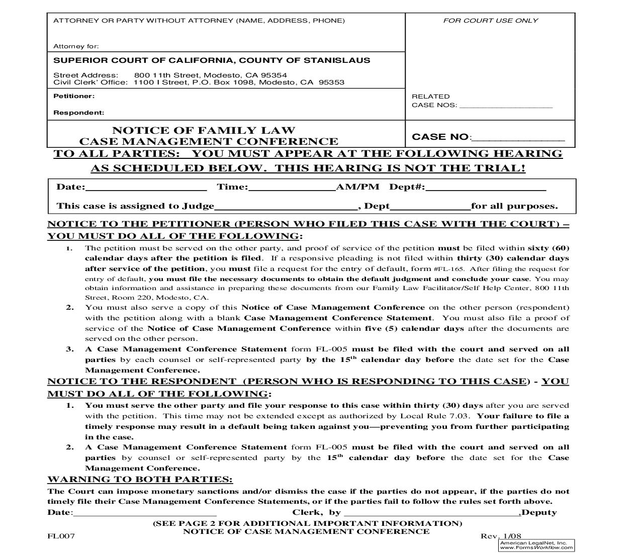 Notice Of Family Law Case Management Conference {FL007} | Pdf Fpdf Doc Docx | California