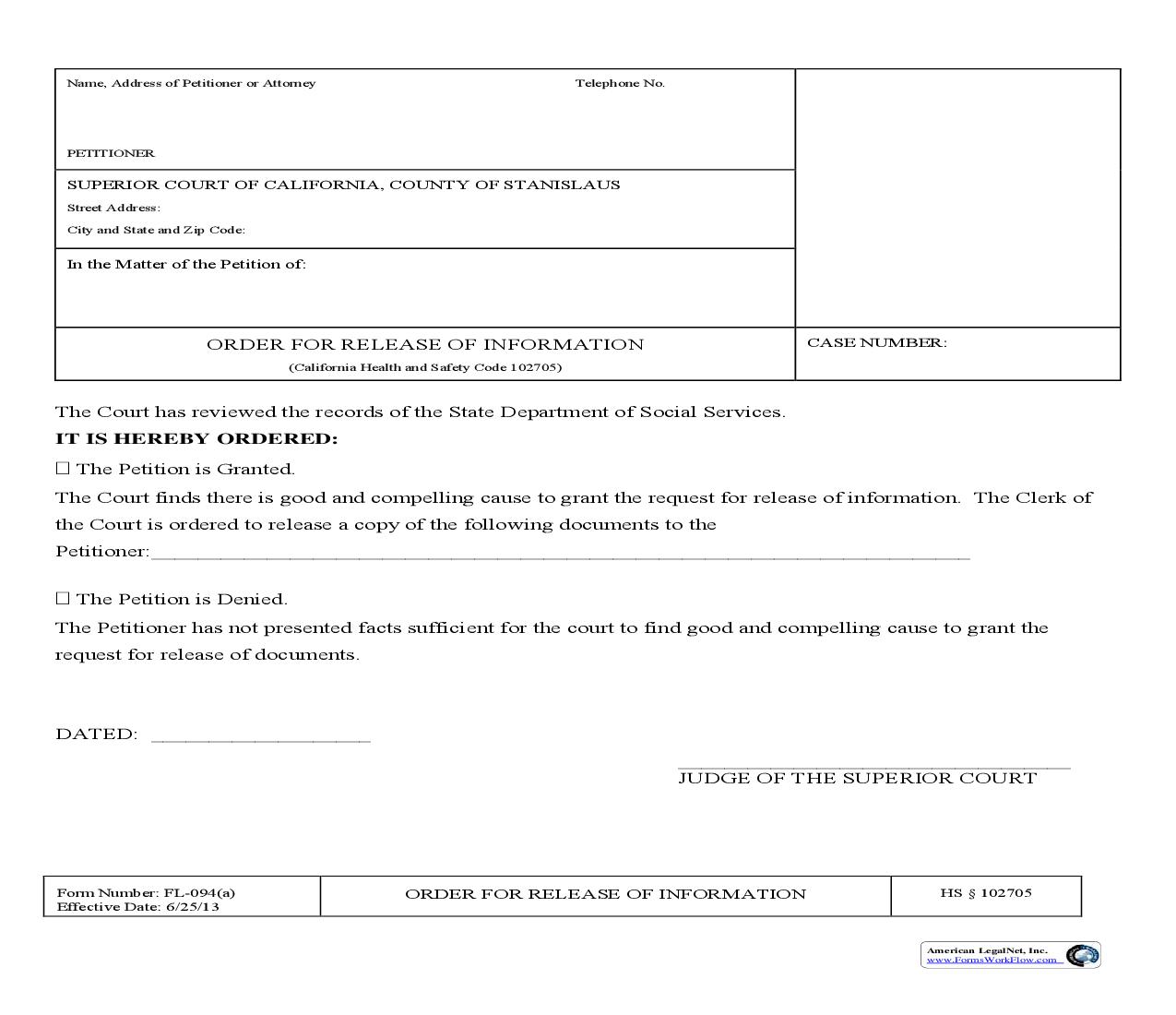 Order For Release Of Information (Packet HS102705) {FL-094a} | Pdf Fpdf Doc Docx | California