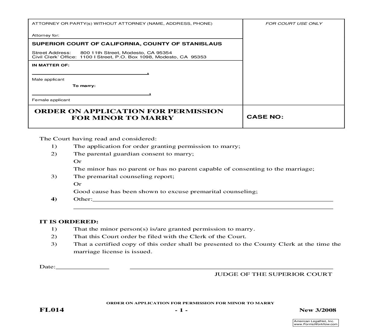 Order On Application For Permission For Minor To Marry {FL014} | Pdf Fpdf Doc Docx | California