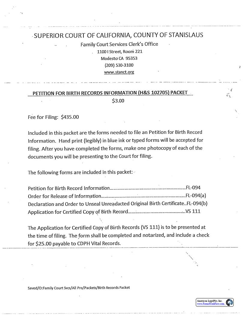 Petition For Birth Record Coversheet (Packet HS102705) | Pdf Fpdf Docx | California
