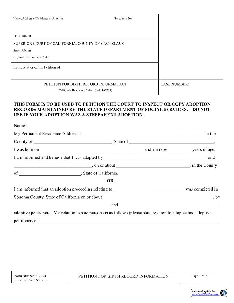 Petition For Birth Record Information (Packet HS102705) {FL-094} | Pdf Fpdf Docx | California