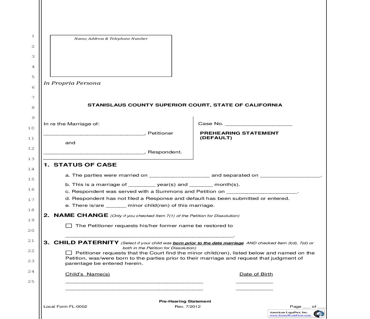 Pre-Hearing Statement (Default) {FL002} | Pdf Fpdf Doc Docx | California