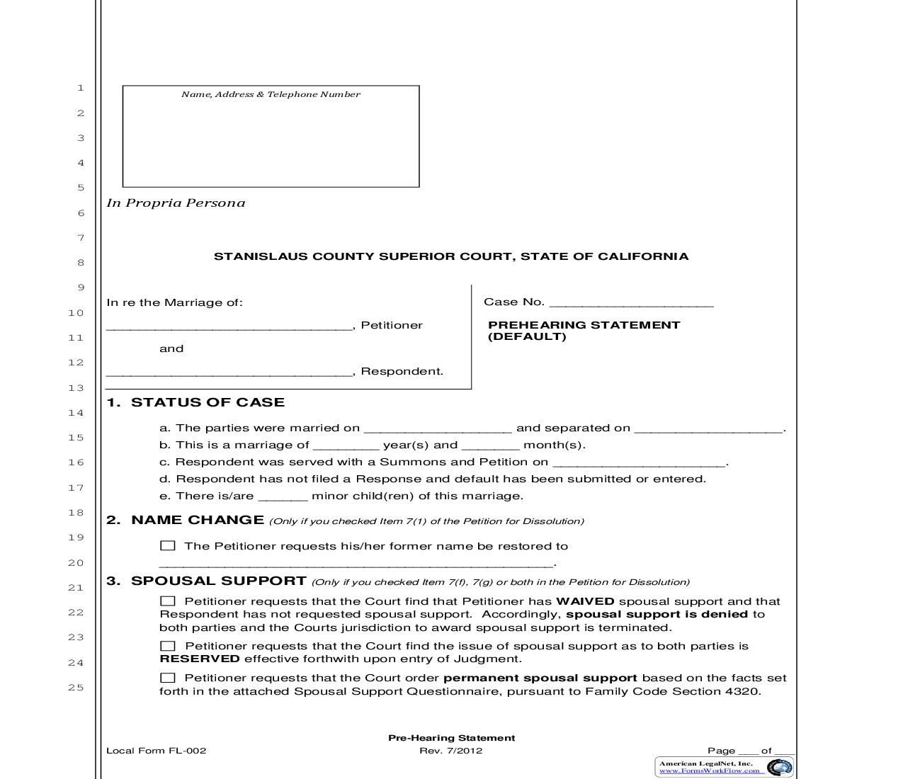 Pre-Hearing Statement (No Minor Children) {FL002} | Pdf Fpdf Doc Docx | California