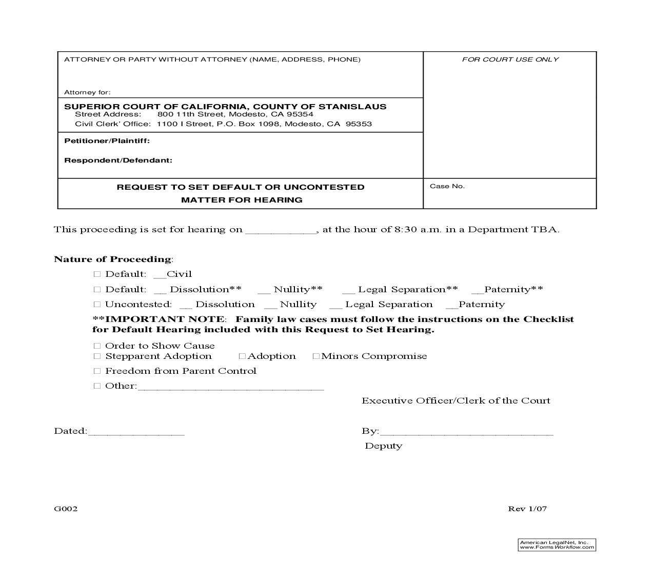 Request To Set Default Or Uncontested Matter For Hearing {G002} | Pdf Fpdf Doc Docx | California