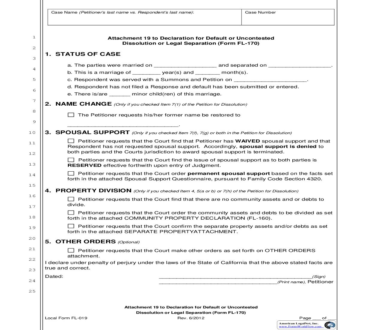 Supplemental Declaration (Attachment To FL-170 No Minor Children) {FL-019} | Pdf Fpdf Doc Docx | California