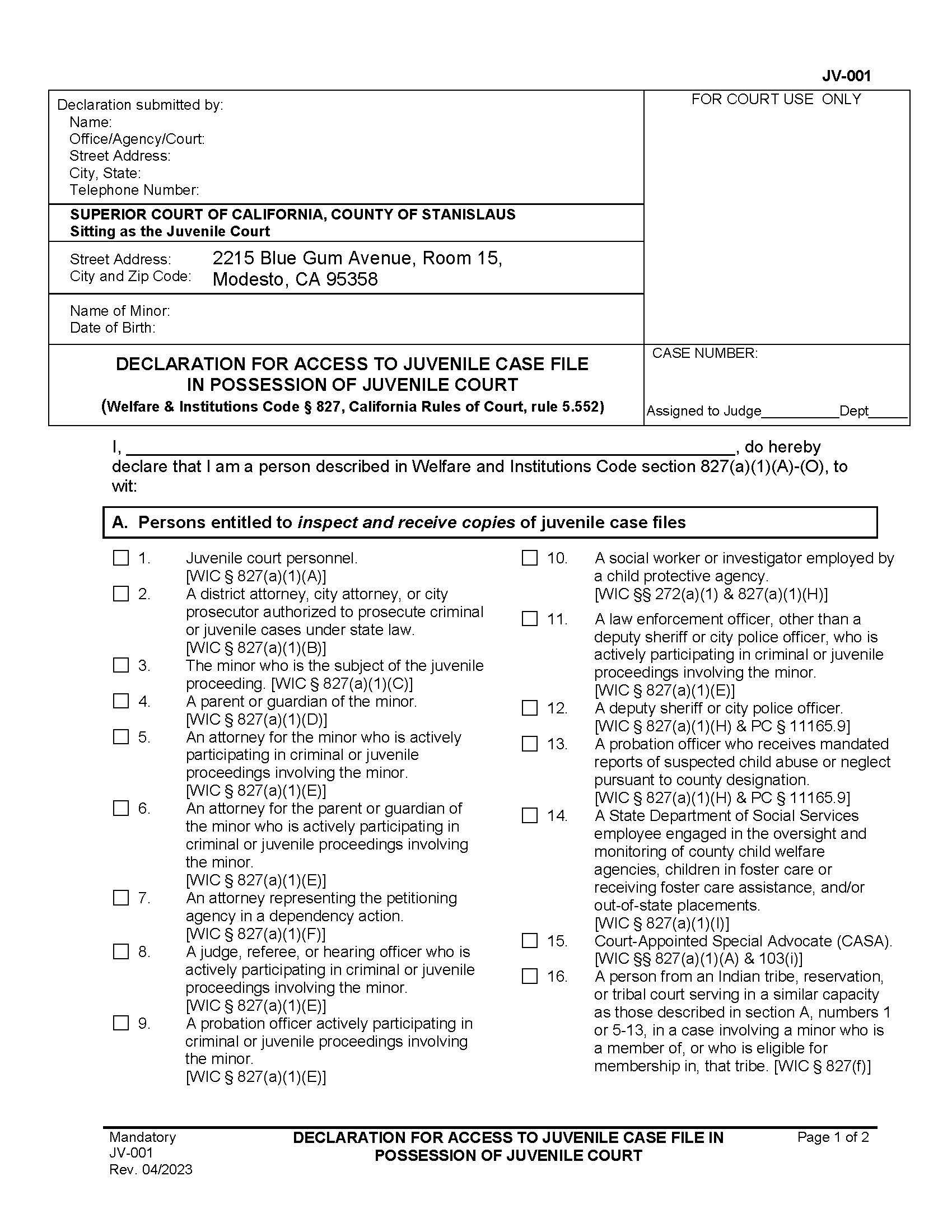 Declaration In Support Of Access To And Copies Of Juvenile Court Records {JV001} | Pdf Fpdf Doc Docx | California