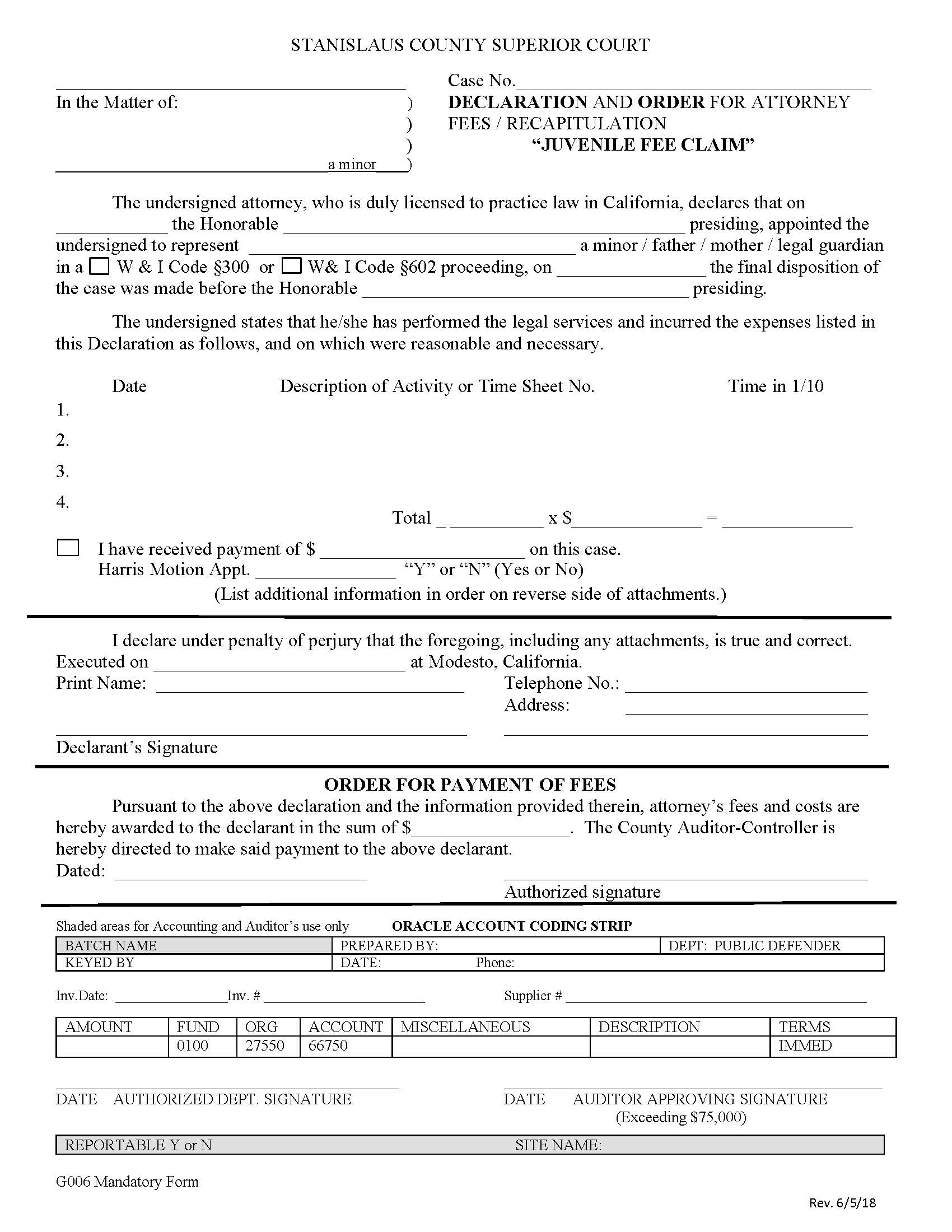 Juvenile Fee Claim {G006} | Pdf Fpdf Docx | California