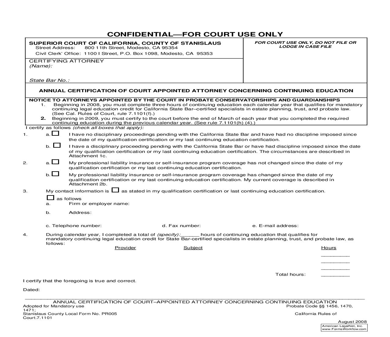 Annual Certification Of Court Appointed Attorney Concerning Continuing Education {PR005} | Pdf Fpdf Doc Docx | California