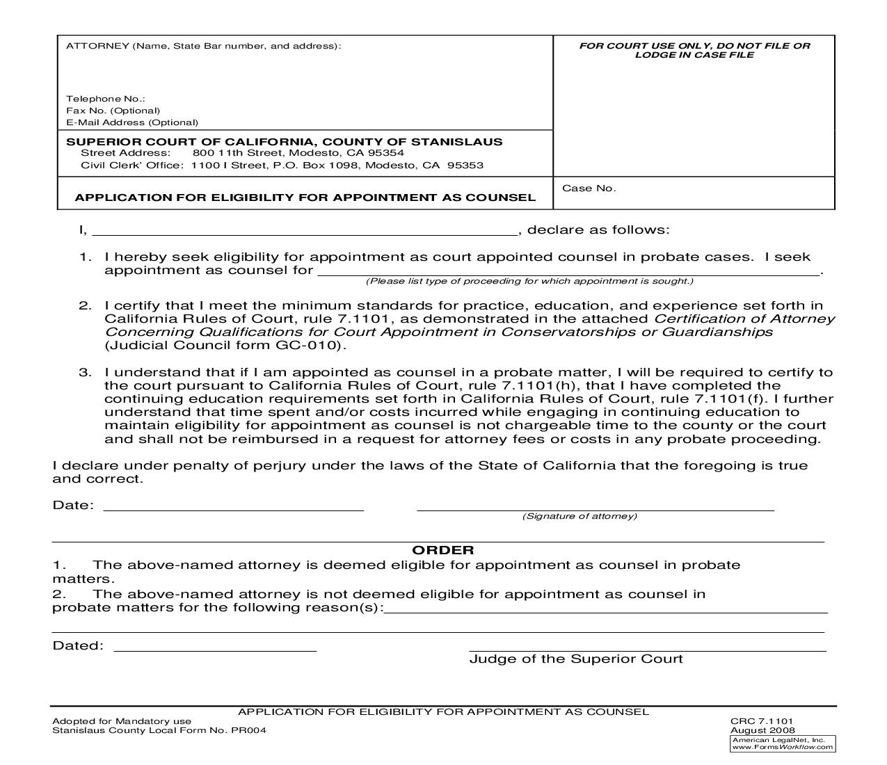 Application For Eligibility For Appointment As Counsel {PR004} | Pdf Fpdf Doc Docx | California