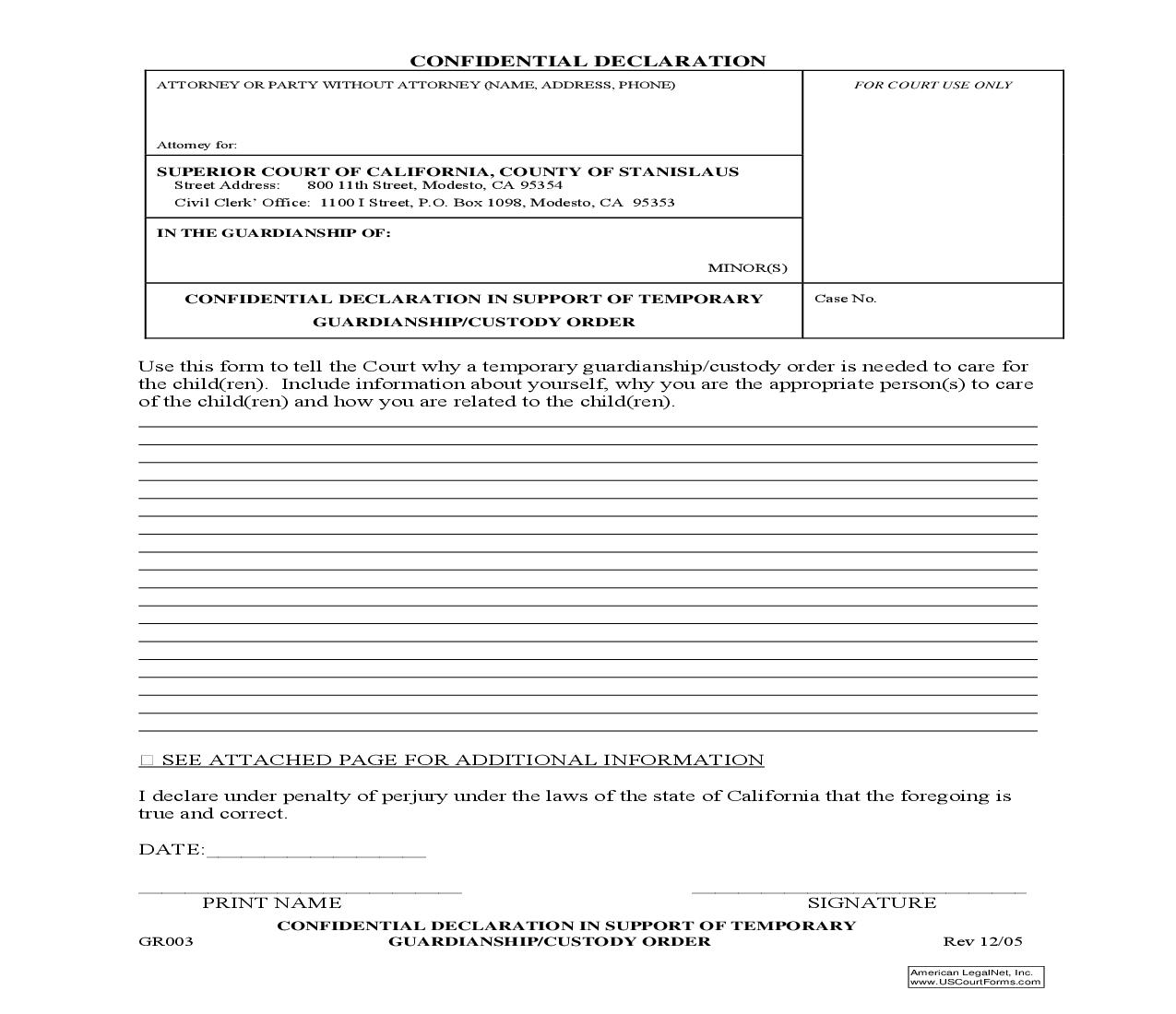 Confidential Declaration In Support Of Temporary Guardianship-Custody Order {GR003} | Pdf Fpdf Doc Docx | California