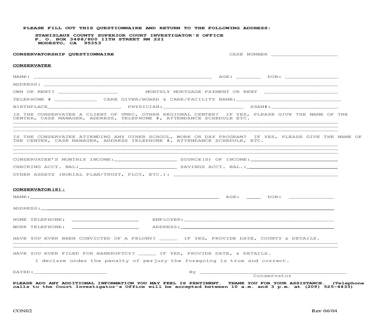 Conservatorship Questionnaire {CON02} | Pdf Fpdf Doc Docx | California