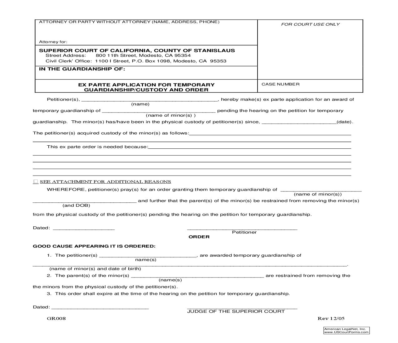 Ex Parte Application Re Temporary Guardianship-Custody Order {GR008} | Pdf Fpdf Doc Docx | California