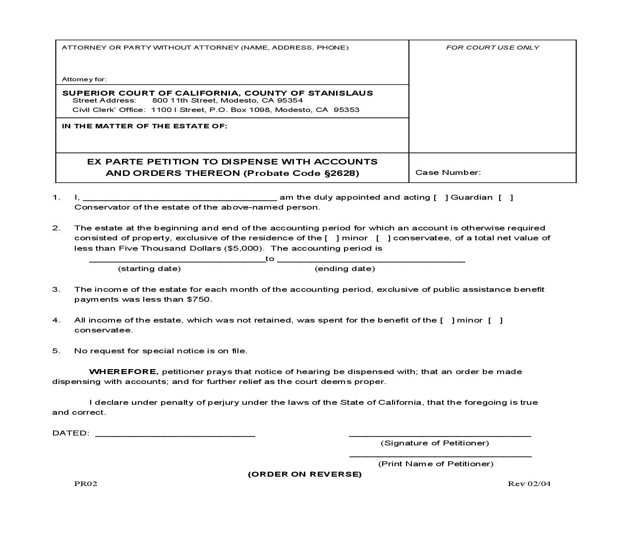 Ex Parte Petition To Dispense With Accounts And Orders Thereon (Probate Code 2628) {PR02} | Pdf Fpdf Doc Docx | California