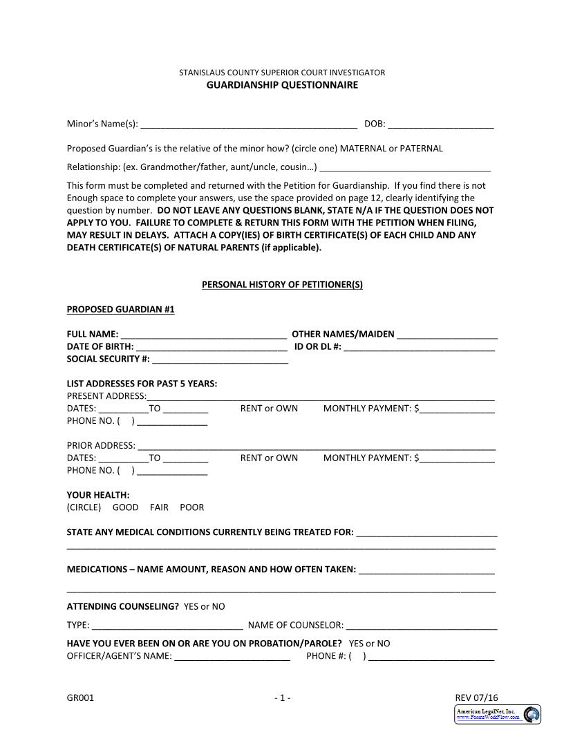 Guardianship Questionnaire {GR001} | Pdf Fpdf Docx | California