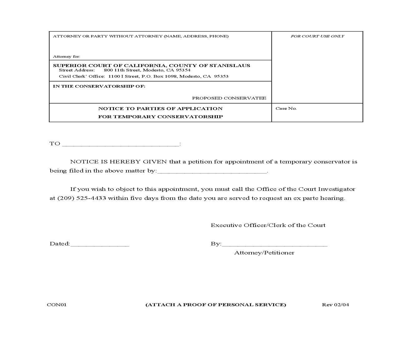 Notice To Parties Of Application For Temporary Conservatorship {CON01} | Pdf Fpdf Doc Docx | California