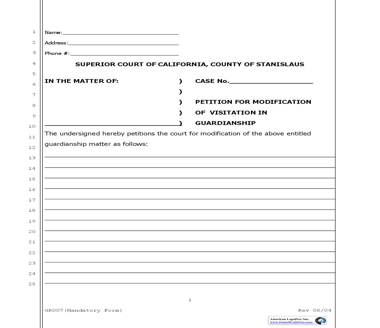 Petition For Modification Of Visitation In Guardianship {GR007} | Pdf Fpdf Doc Docx | California