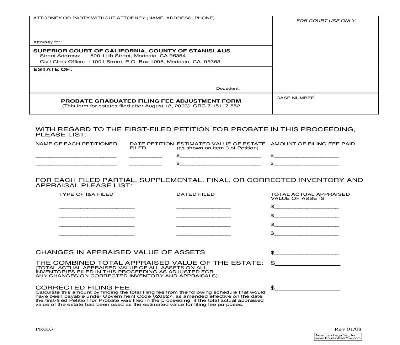 Probate Graduated Filing Fee Adjustment Form {PR003} | Pdf Fpdf Doc Docx | California