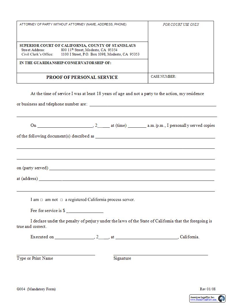 Proof Of Personal Service (Guardianship) {G004} | Pdf Fpdf Docx | California