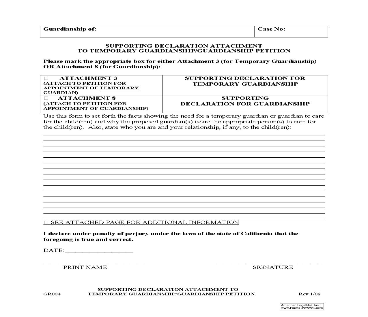 Supporting Declaration Attachment To Temporary Guardianship-Guardianship Petition {GR004} | Pdf Fpdf Doc Docx | California